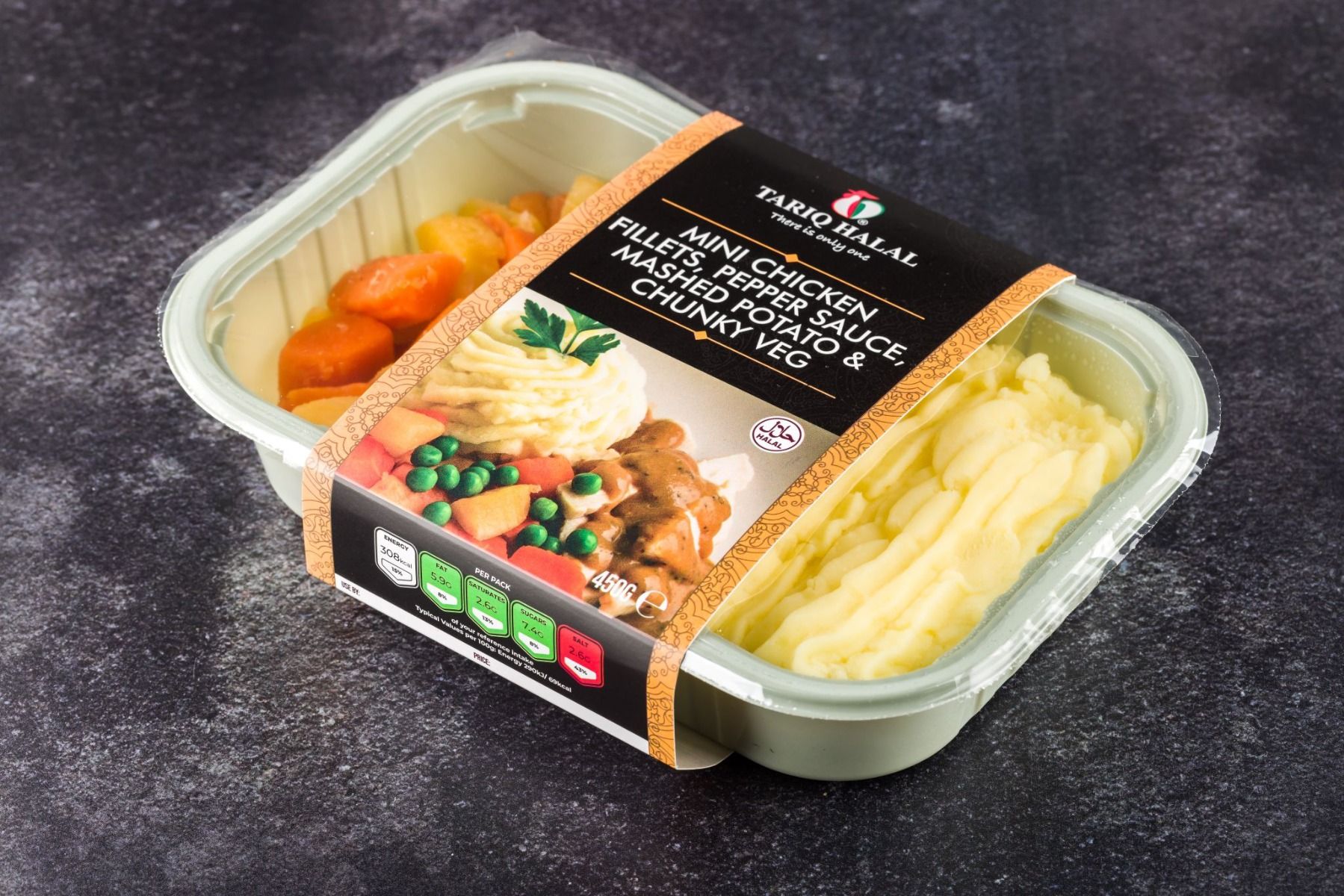 Tariq Halal Mini chicken fillets, pepper sauce, mashed potato & chunky veg 450g